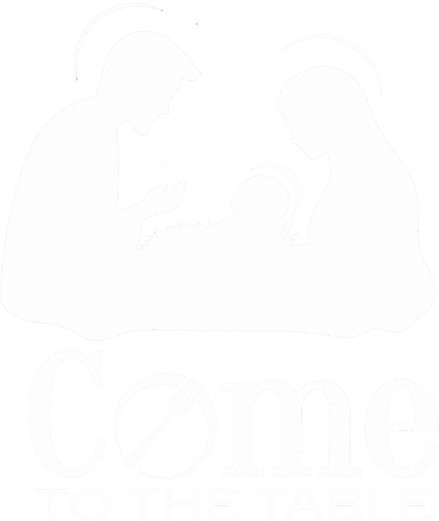 Silhouette of Mary and Joseph praying over Jesus in a manger with the words 'Come to the Table' below.