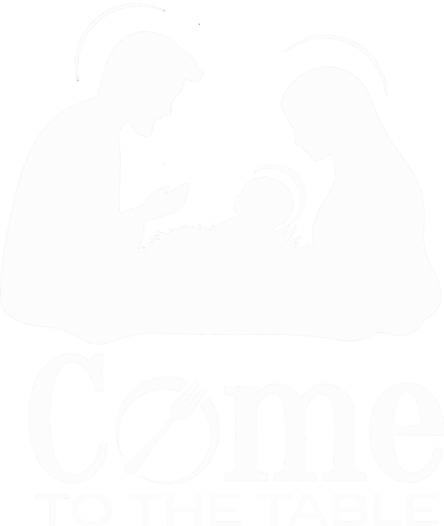 Silhouette of Mary and Joseph praying over Jesus in a manger with the words 'Come to the Table' below.