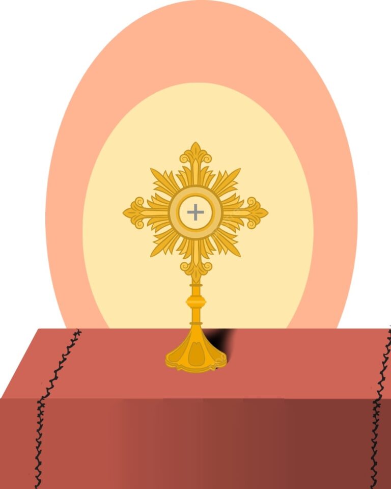 Illustration of a gold monstrance with a small cross at its center, standing on an altar draped in a red cloth, with a soft glowing circular backdrop behind it