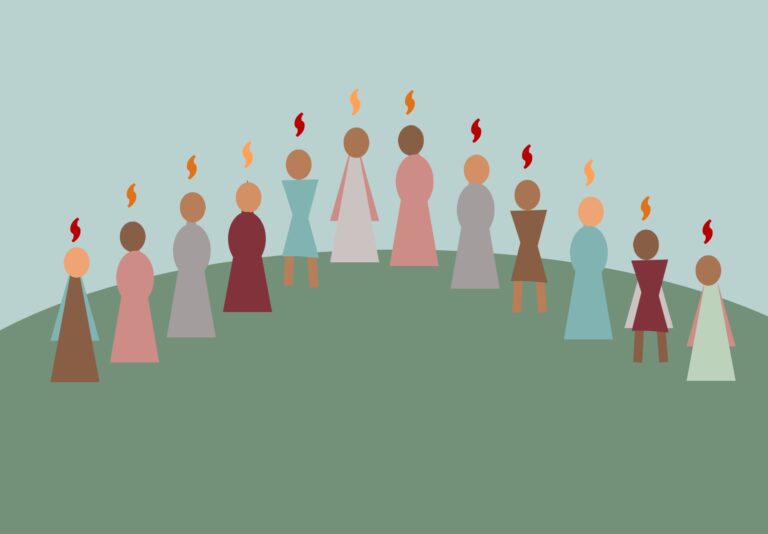 Illustration of diverse figures standing in a semicircle on a hill, each with a small flame above their head against a muted blue sky.