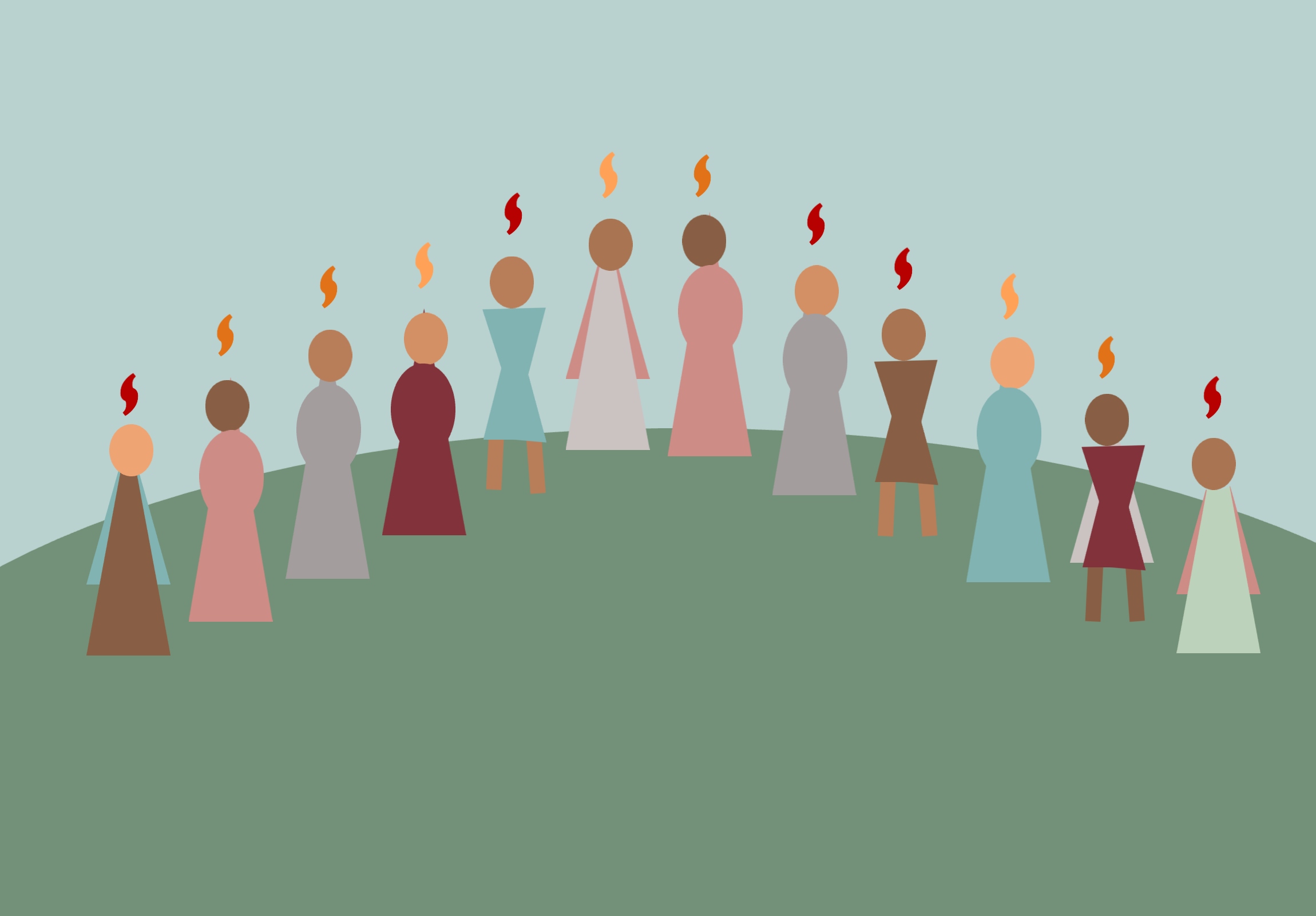 Illustration of diverse figures standing in a semicircle on a hill, each with a small flame above their head against a muted blue sky.