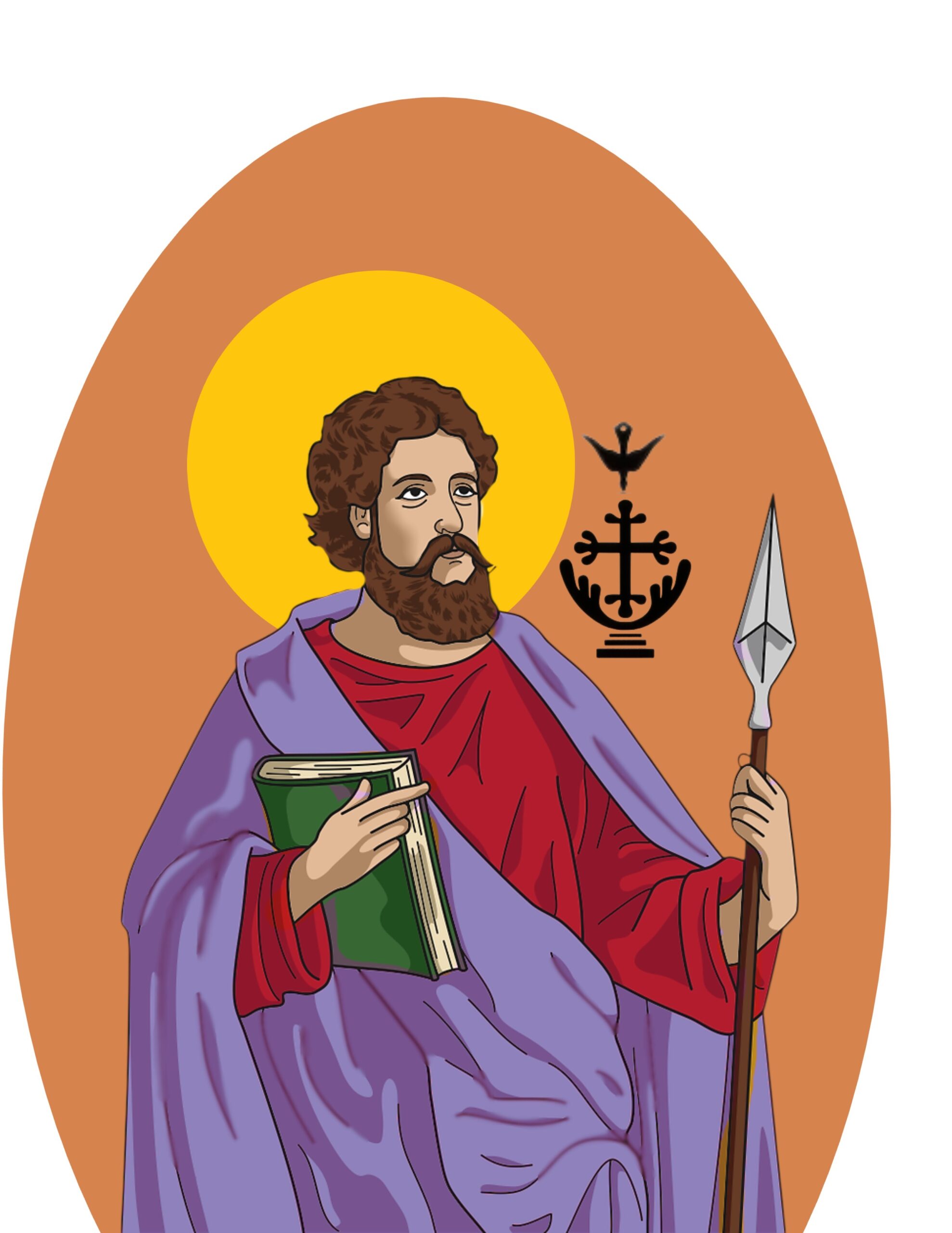 Stylized image of St. Thomas partially covered by overlapping strips of paper, obscuring most of the text and illustration.