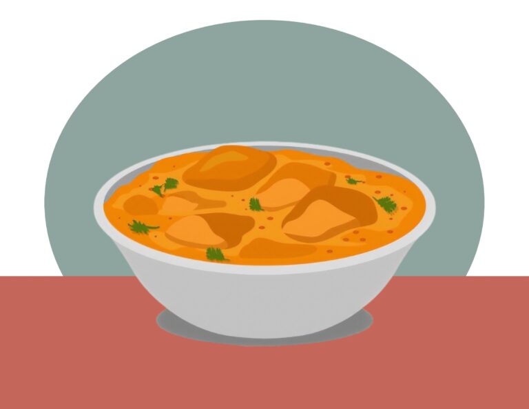 A cartoon of a bowl of butter chicken atop a red table