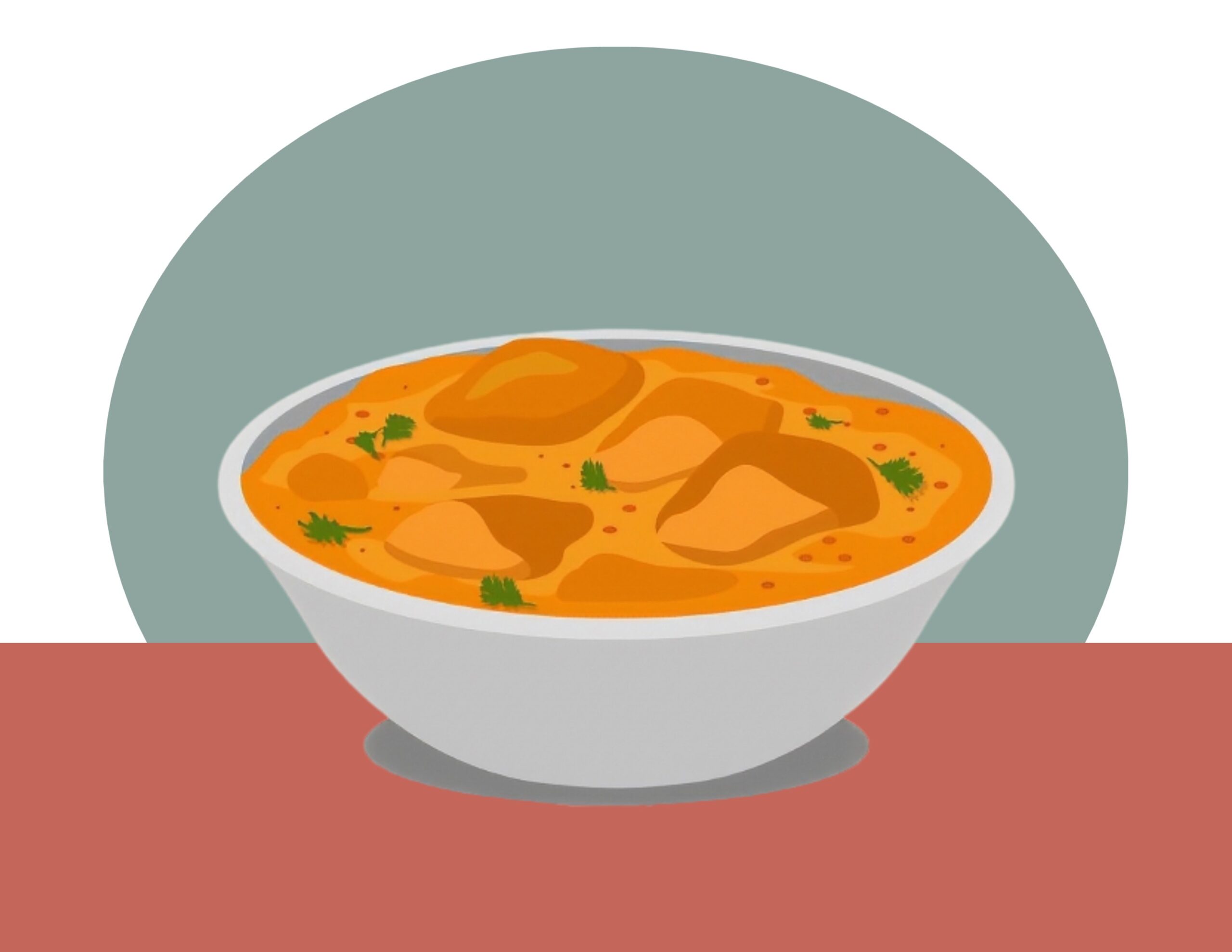 A cartoon of a bowl of butter chicken atop a red table