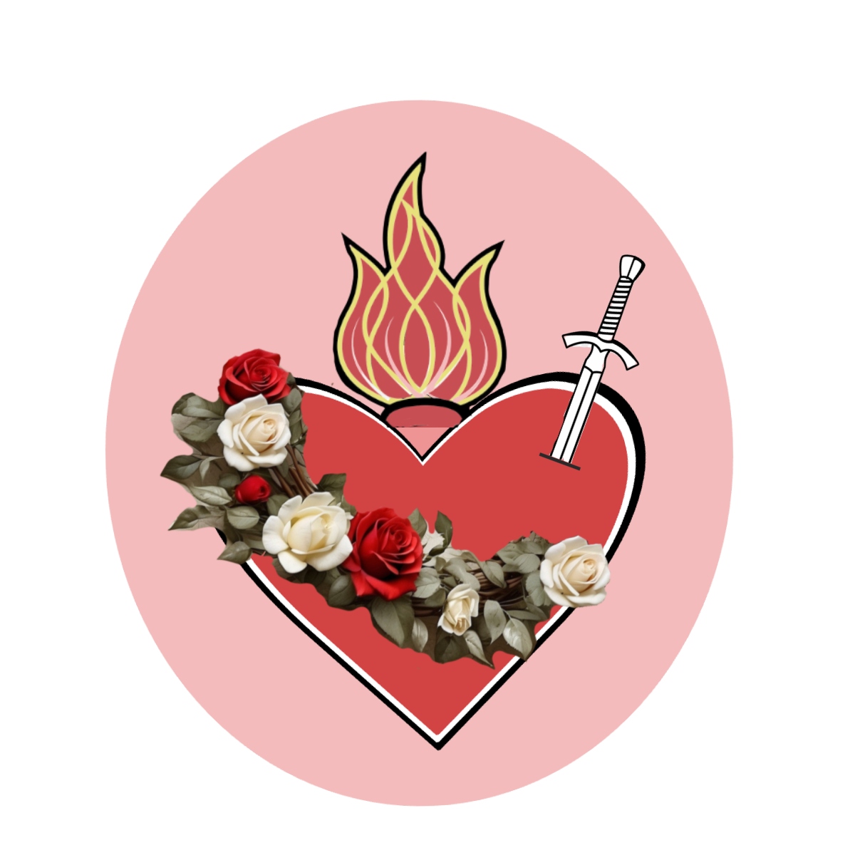 Red heart pierced by a sword, topped with a flame, and decorated with red and white roses on a pink circular background.