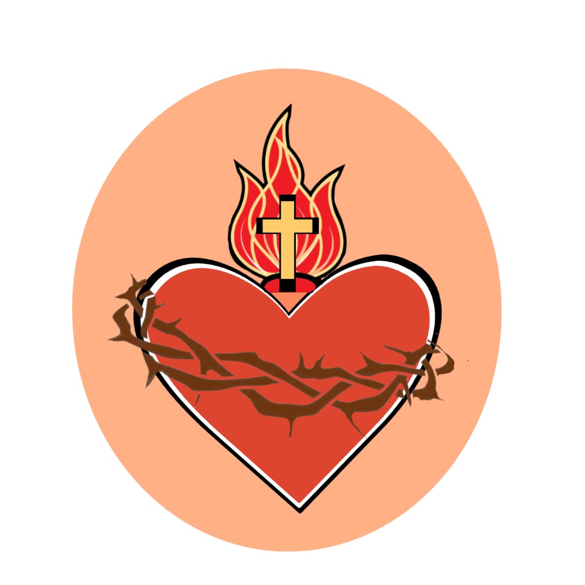 Illustration of a red heart encircled by a crown of thorns, topped with a gold cross and rising flames, set against a peach-colored circular background.