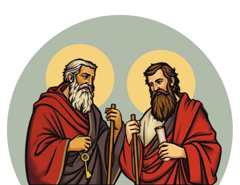 Stylized illustration of Saints Peter and Paul standing side by side with halos, wearing red robes and holding staffs.