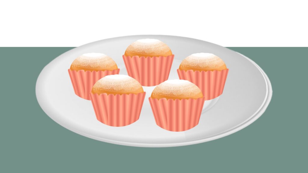 Five Magdalena cakes in pink wrappers.