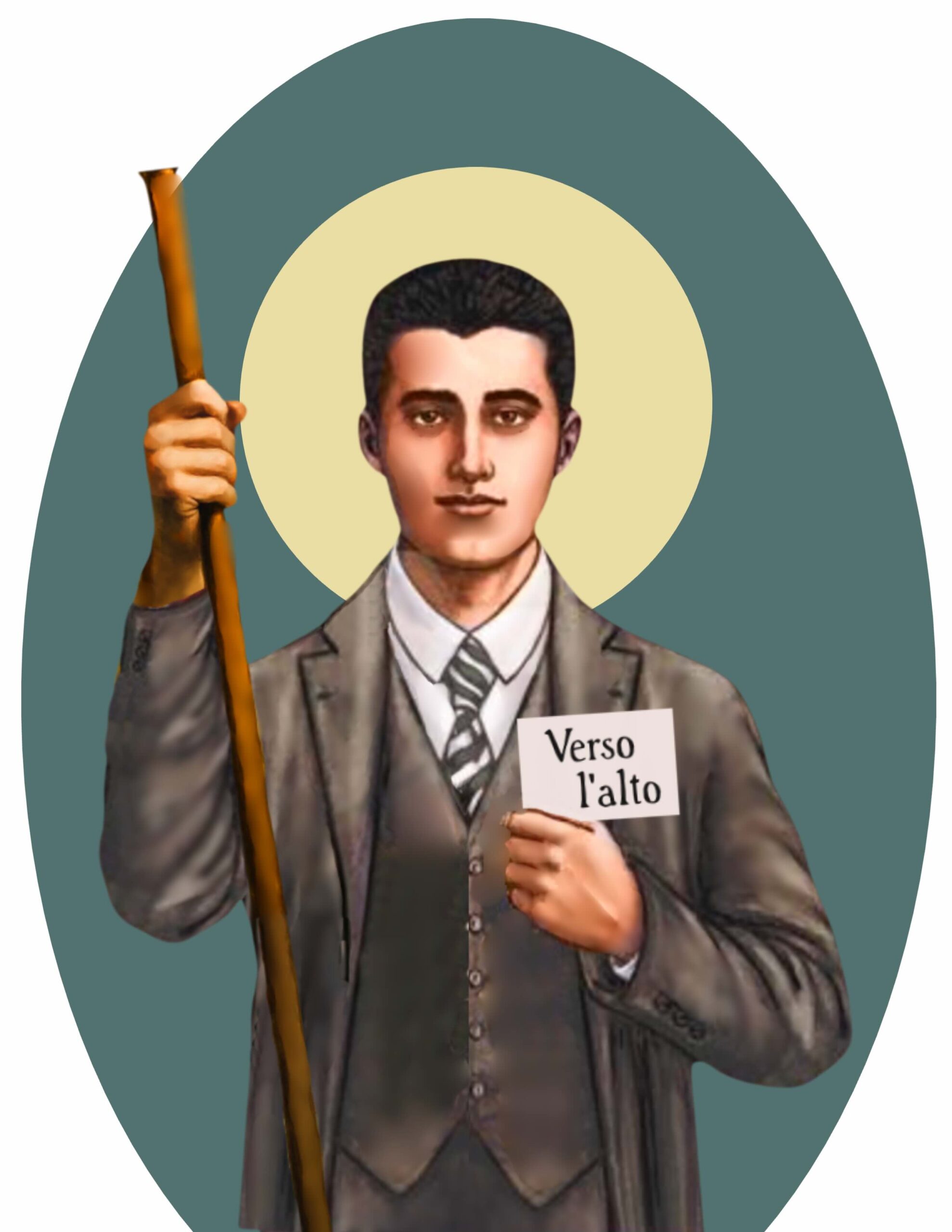 An illustration of St. Pier Giorgio in a suit holding a staff and a sign reading "Verso l'alto"