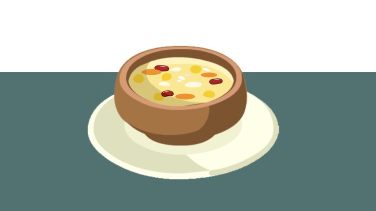 Cartoon of a Mohawk Corn Soup in a brown bowl on a white saucer on a green table