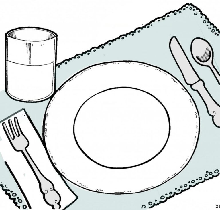 cartoon of a placemat with a plate in the middle, a glass of liquid in the upper left-hand corner, a napkin with a fork on top of it on the direct left of the plate, and a knife and a spoon on the direct right of the plate.