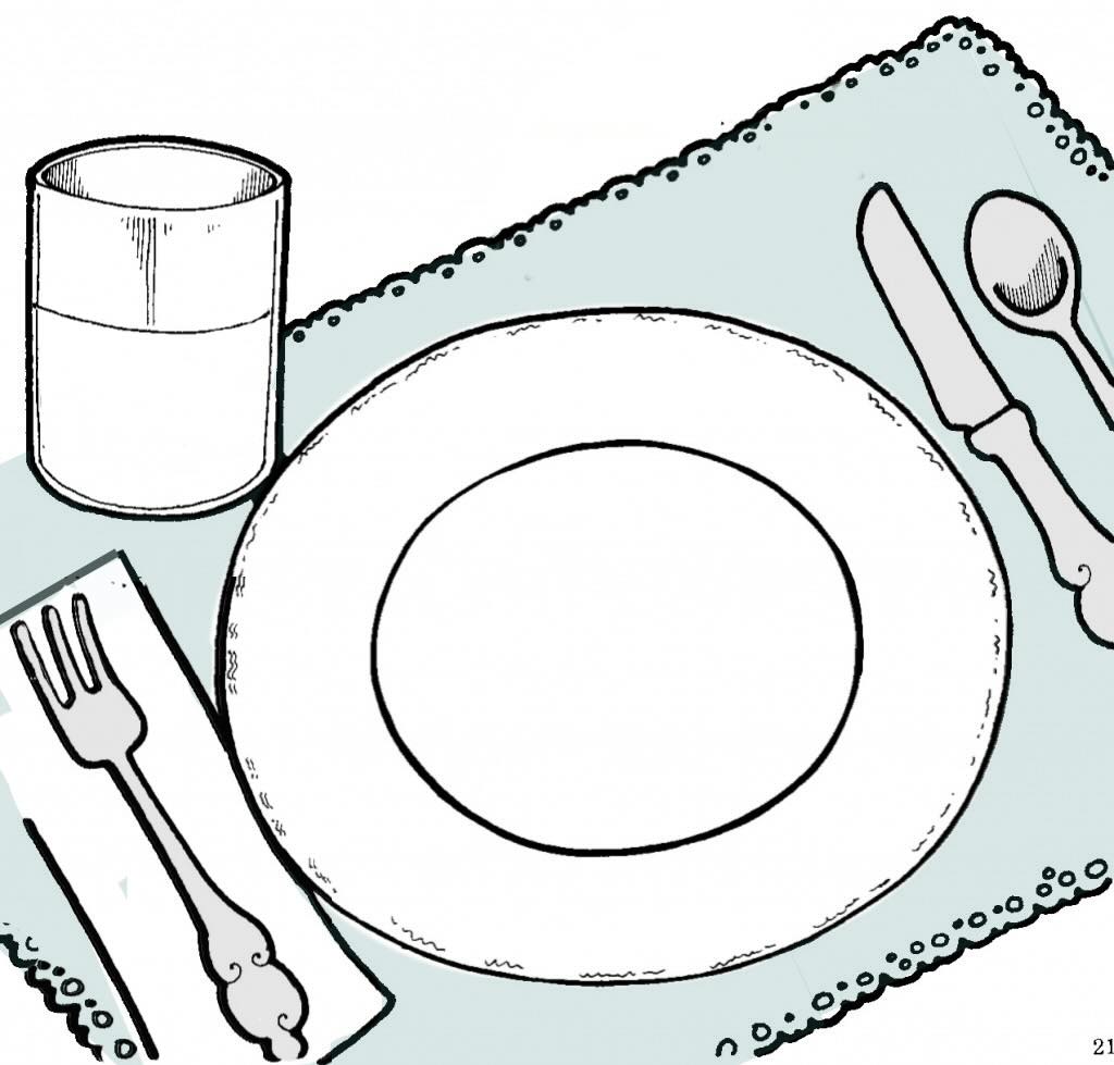 cartoon of a placemat with a plate in the middle, a glass of liquid in the upper left-hand corner, a napkin with a fork on top of it on the direct left of the plate, and a knife and a spoon on the direct right of the plate.