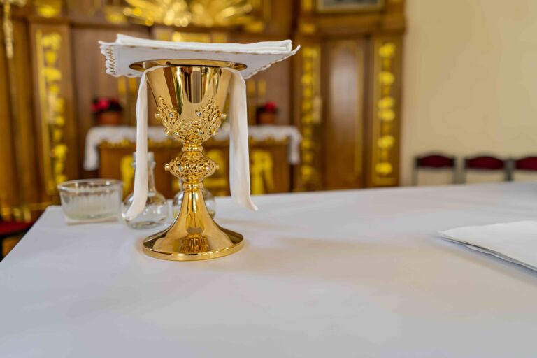 a cup of wine on the altar in a Catholic church.