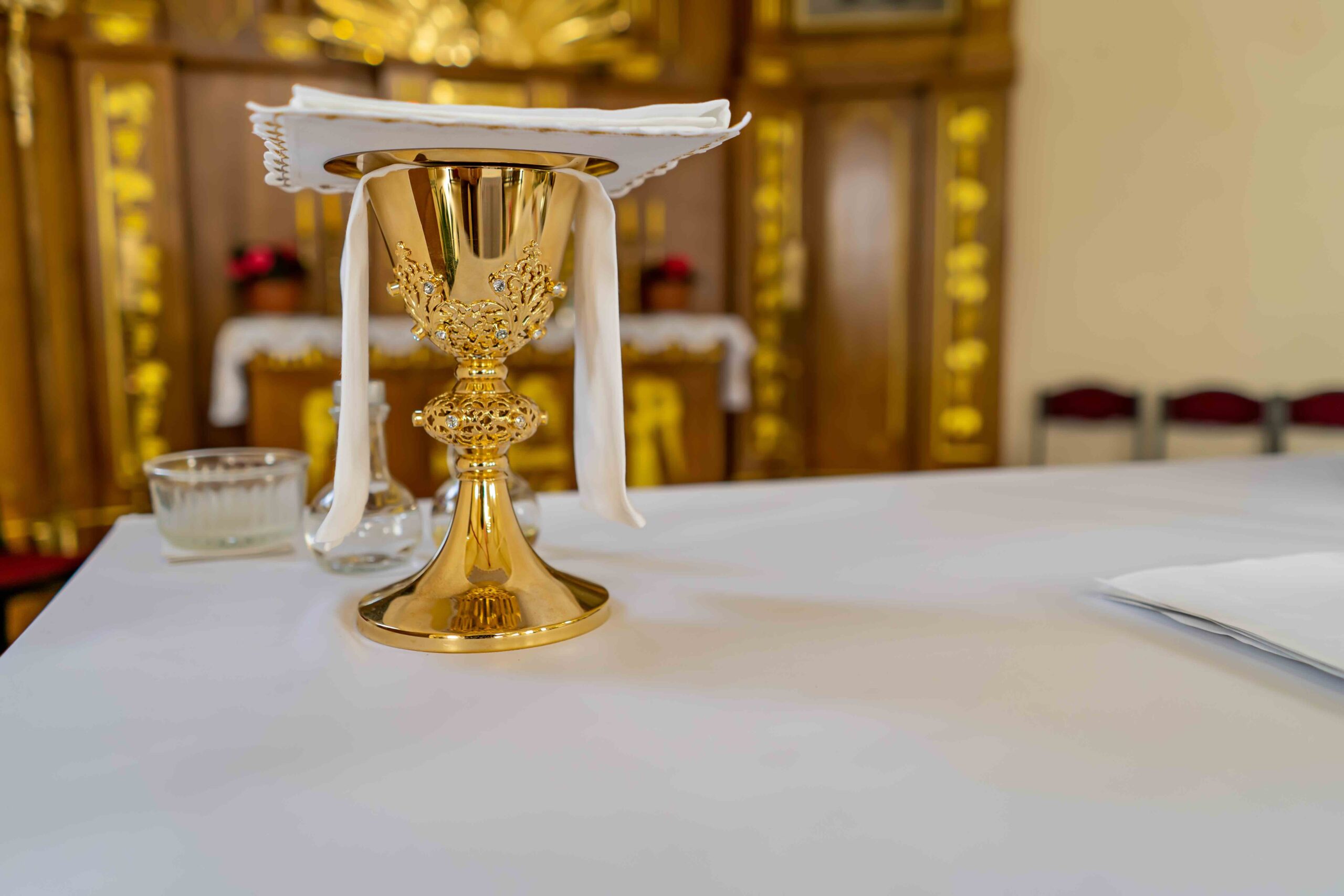 a cup of wine on the altar in a Catholic church.