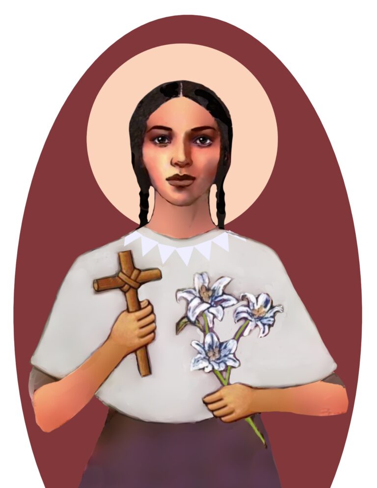 St. Kateri shown with a halo behind her head and holding a wooden cross in one hand and a stem of white lilies in the other, wearing a simple light-colored garment against a reddish background.