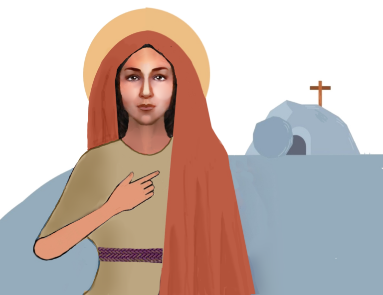 Mary Magdalene standing in front of a tomb with a cross above it.