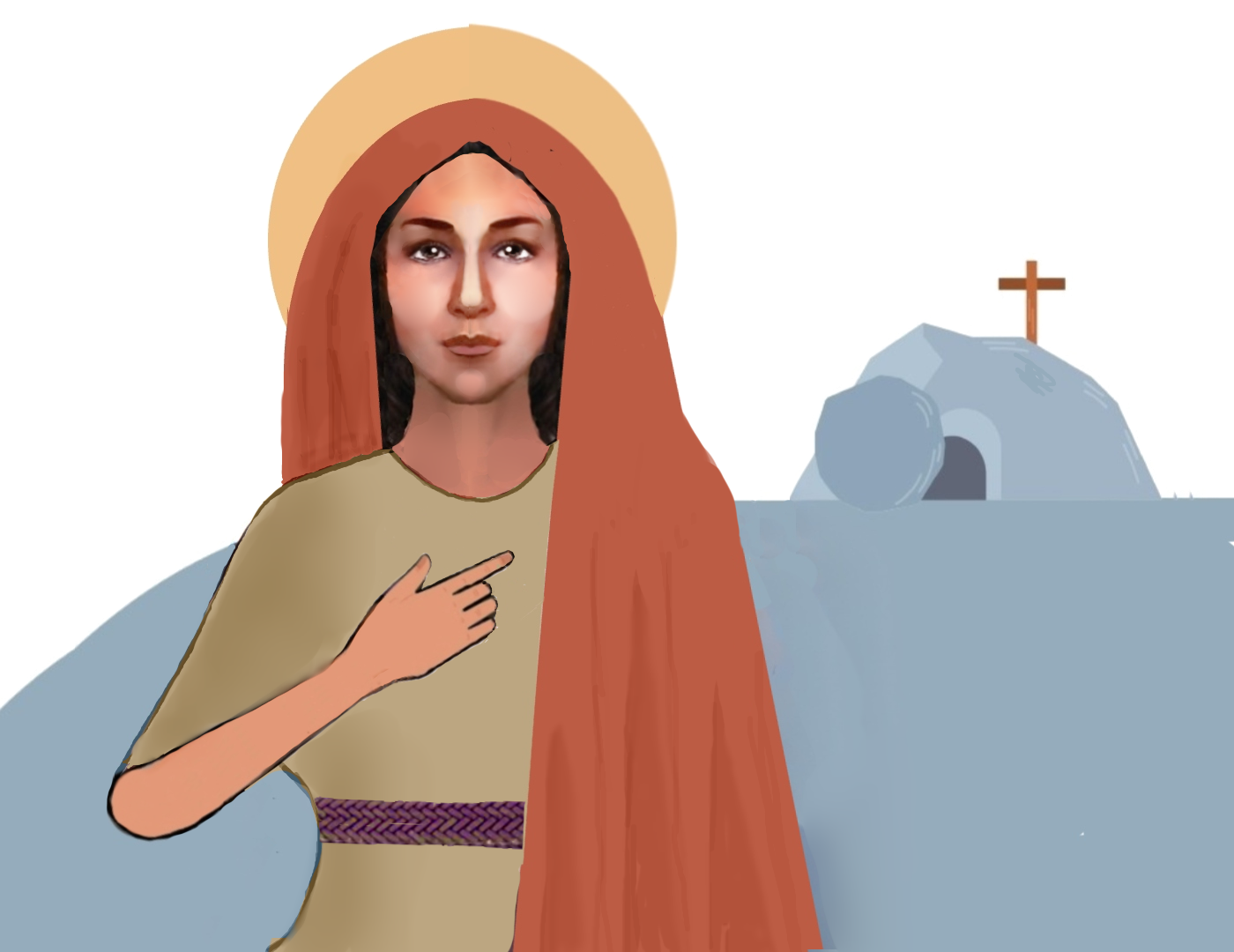 Mary Magdalene standing in front of a tomb with a cross above it.