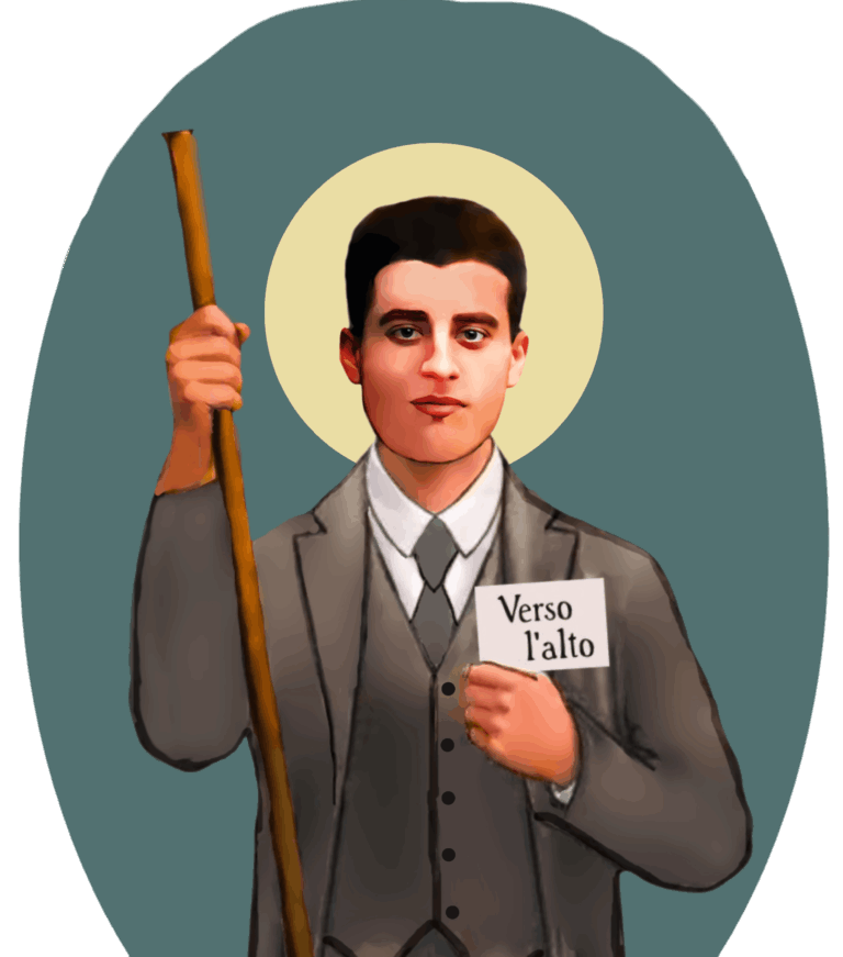 An illustration of St. Pier Giorgio in a suit holding a staff and a sign reading "Verso l'alto".