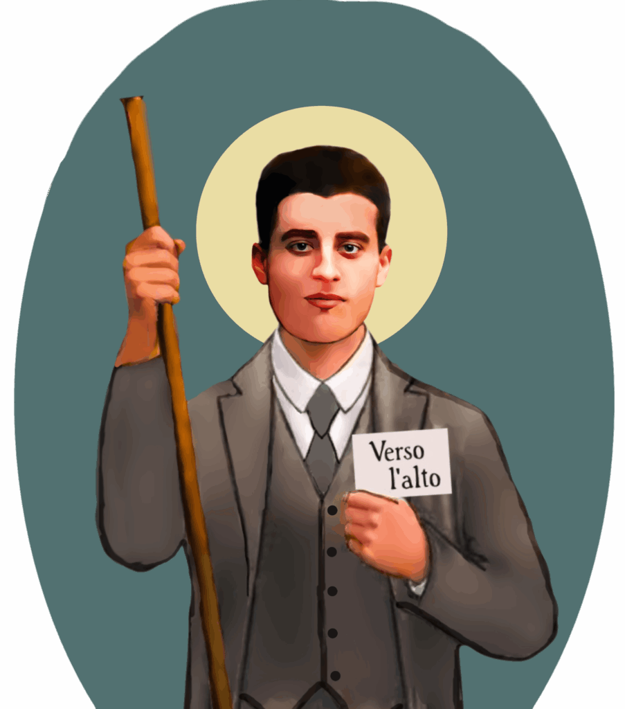 An illustration of St. Pier Giorgio in a suit holding a staff and a sign reading "Verso l'alto".