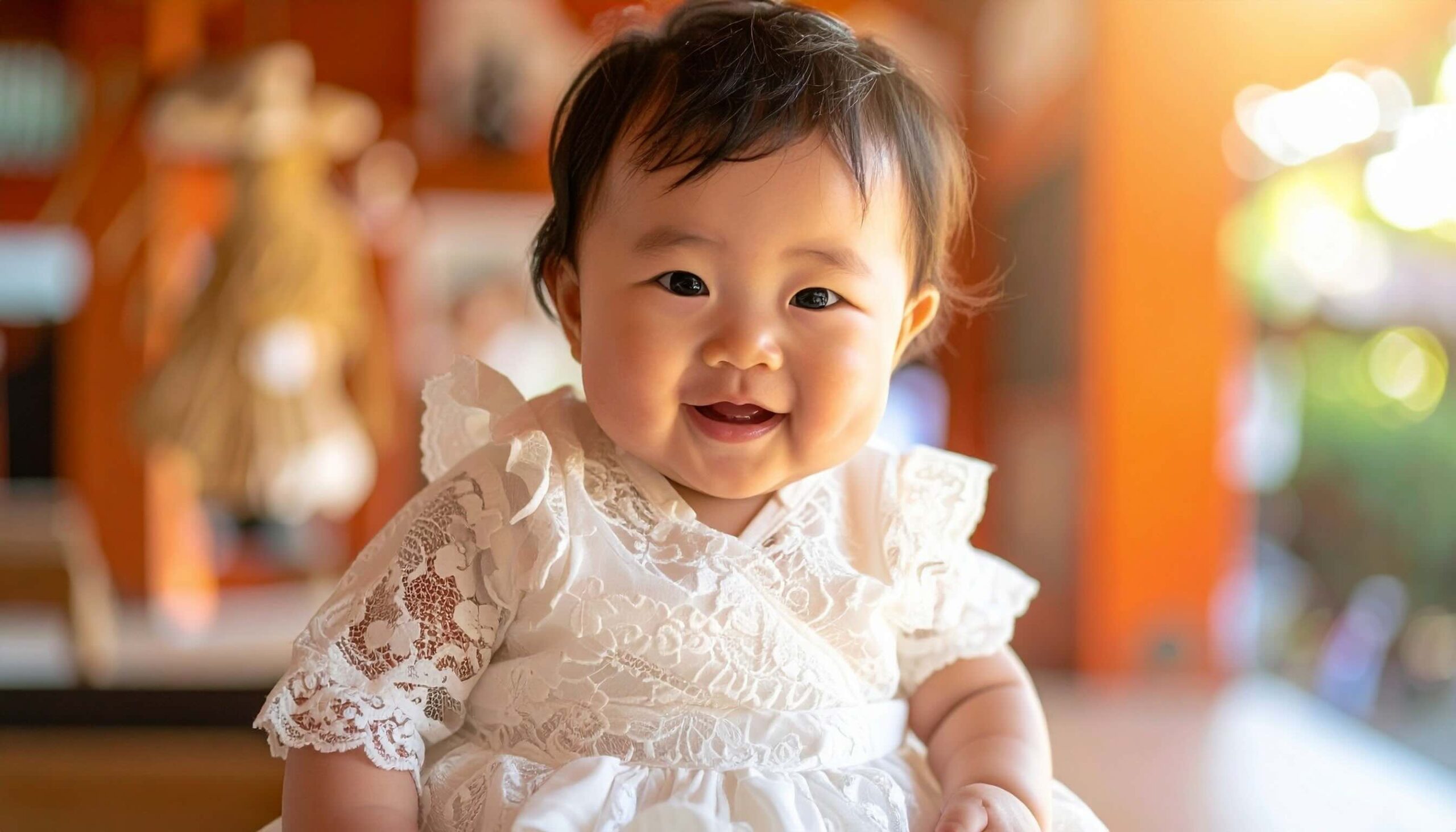 A baby wearing a white dress and smiling at the camera.