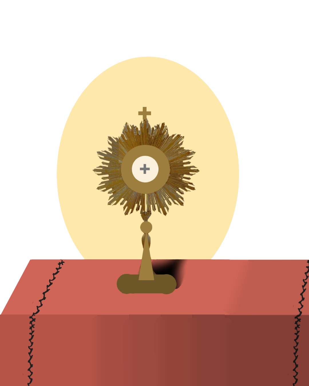 Illustration of a gold monstrance with a small cross at its center, standing on an altar.