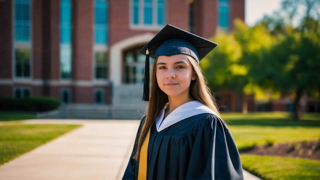 A woman in graduation regalia stands outside in front of an academic building.