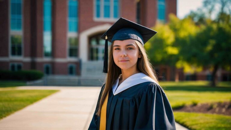 A woman in graduation regalia stands outside in front of an academic building.