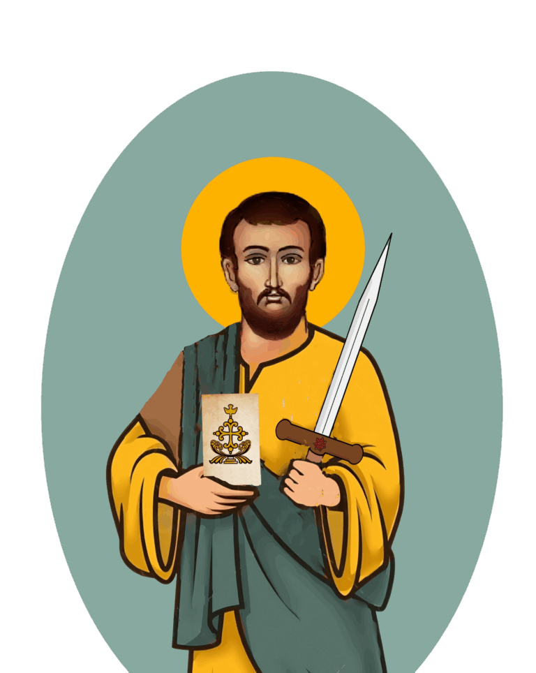 Stylized image of St. Thomas holding a spear in one hand and a book in the other.