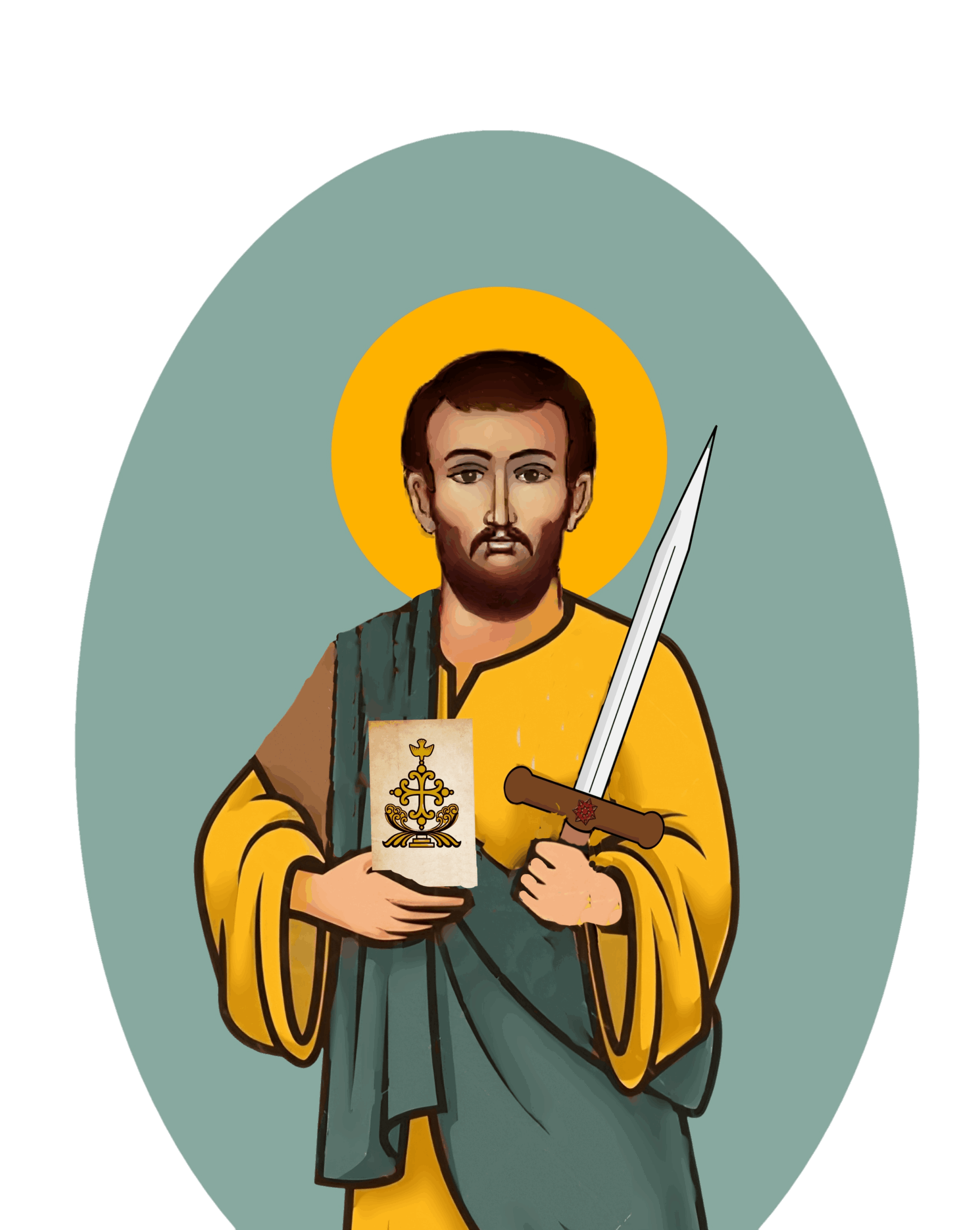 Stylized image of St. Thomas holding a spear in one hand and a book in the other.