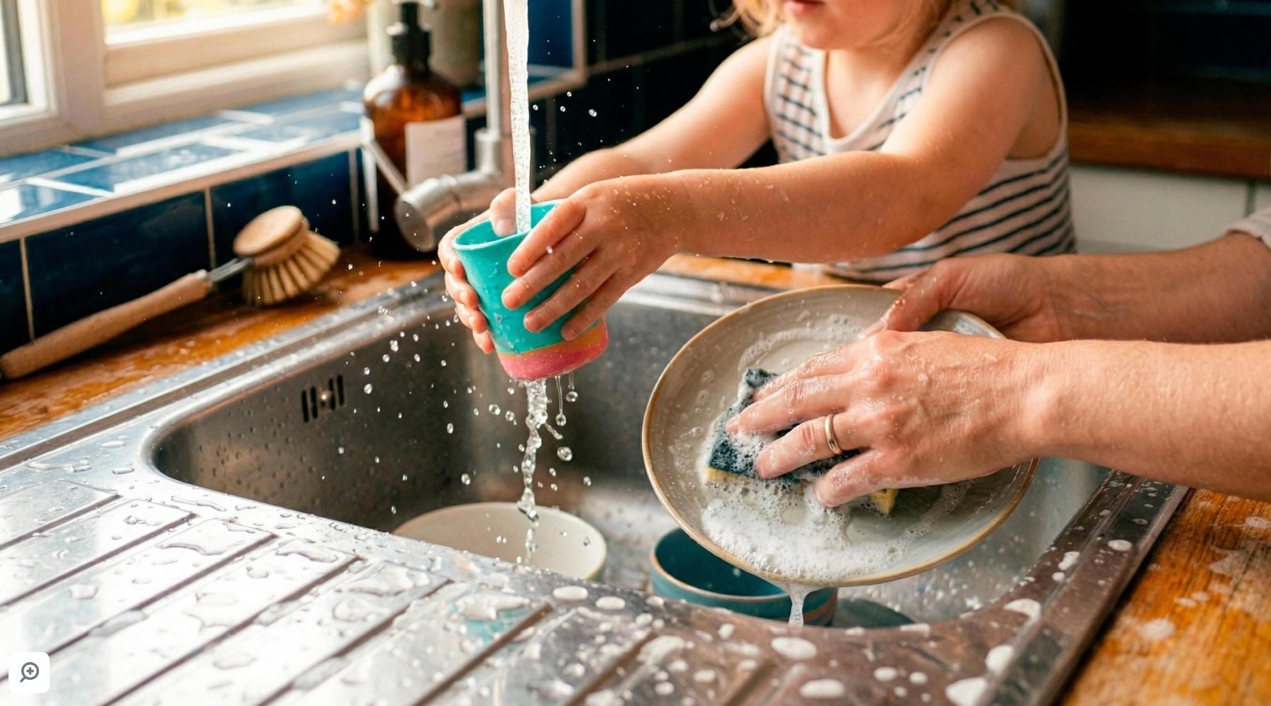 A child and a parent wash dishes together at a sink.