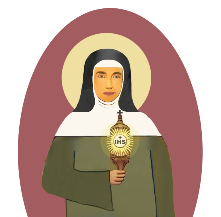 St Clare holds a torch that reads IHS