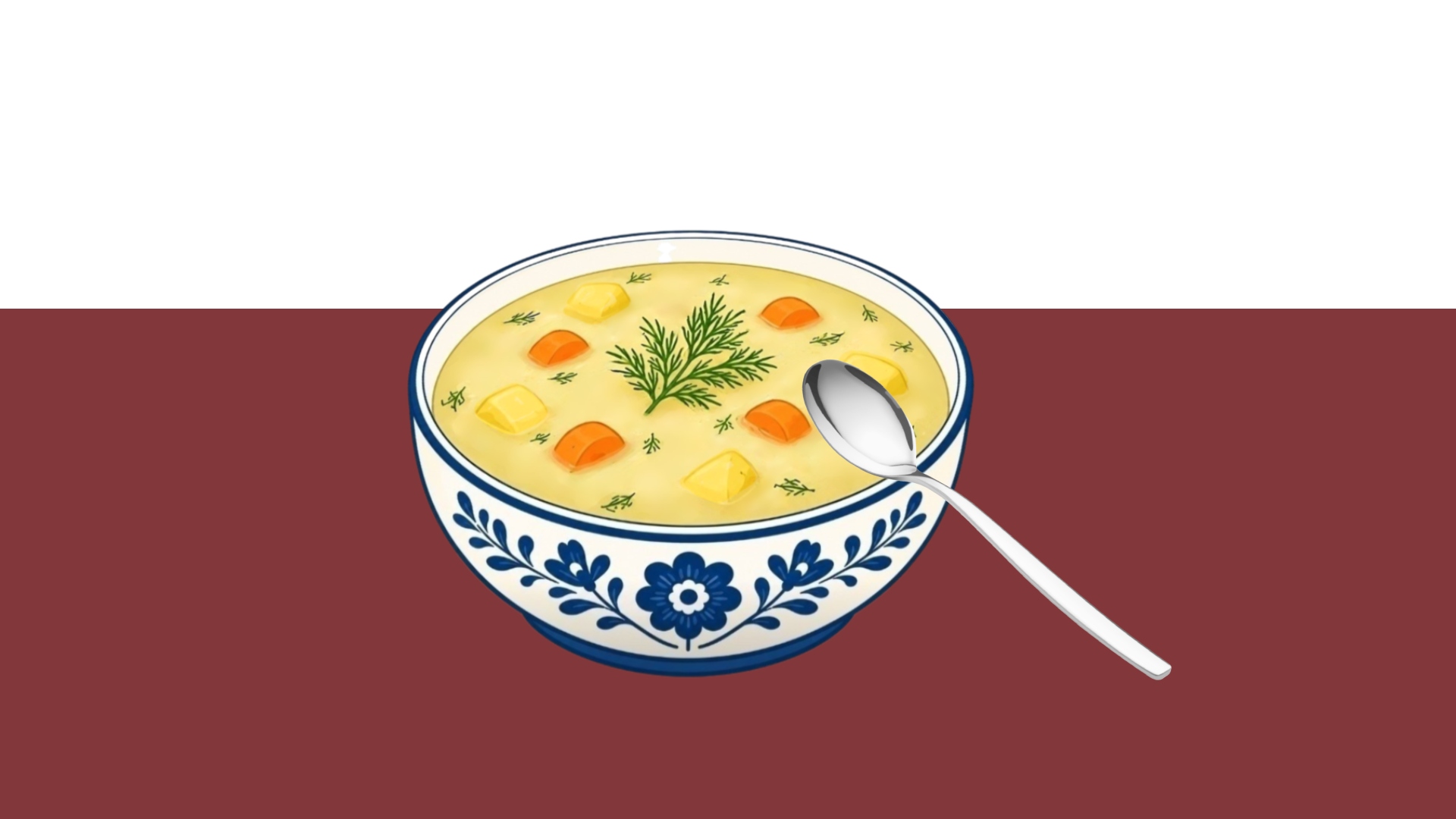 A blue and white bowl of soup with potatoes, dill, and carrots.