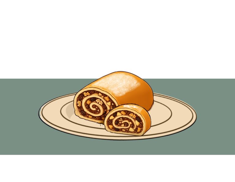 A rocciata cut and served on a plate.