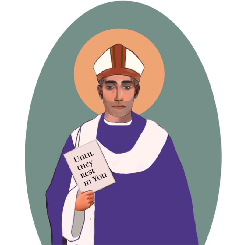 St Augustine, wearing purple garments, holds a book that says 'Until they rest in you.'