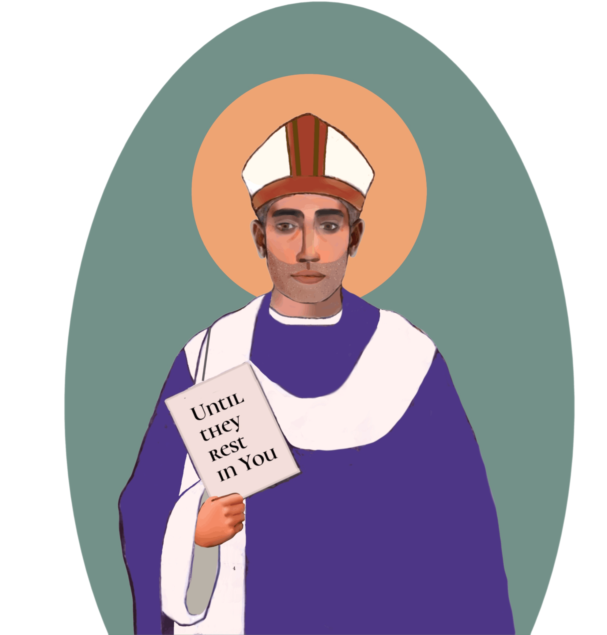 St Augustine, wearing purple garments, holds a book that says 'Until they rest in you.'