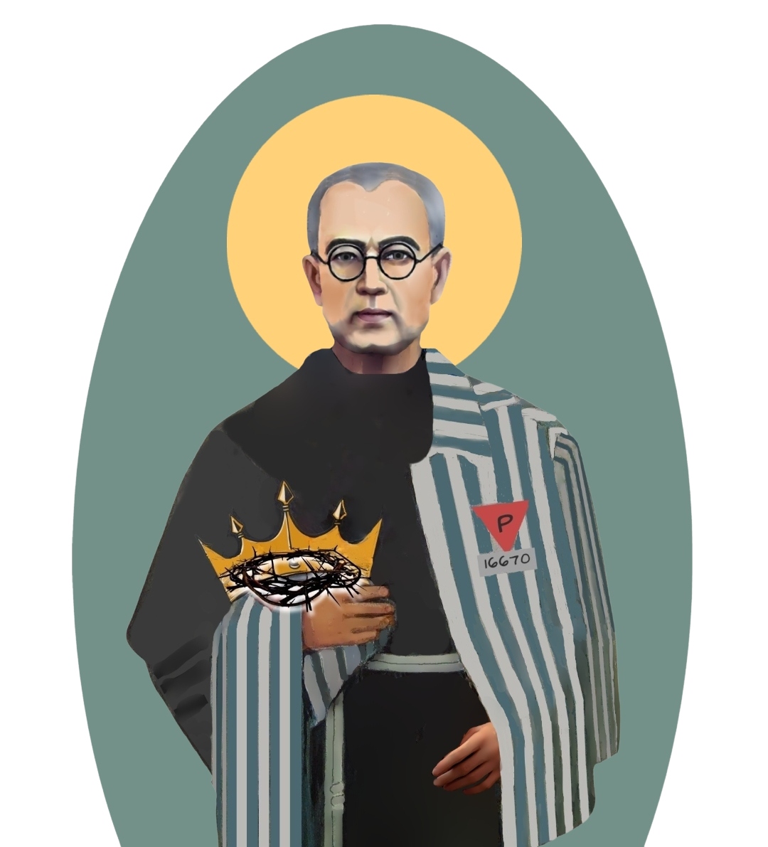 St Kolbe holds a gold crown and a crown of thorns. He is draped with the clothing Holocaust victims were forced to wear with the number 16670 embroidered on it.