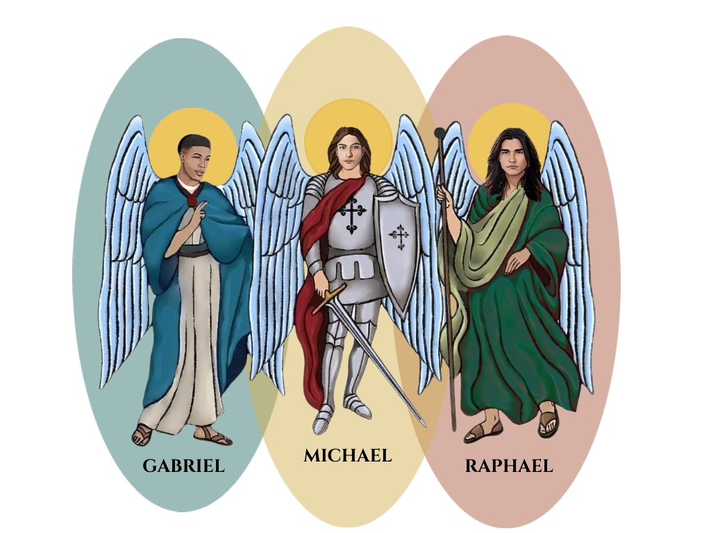 Gabriel wears a blue robe while Michael wears armor and carries a sword and shield. Raphael wears a green robe and carries a staff.