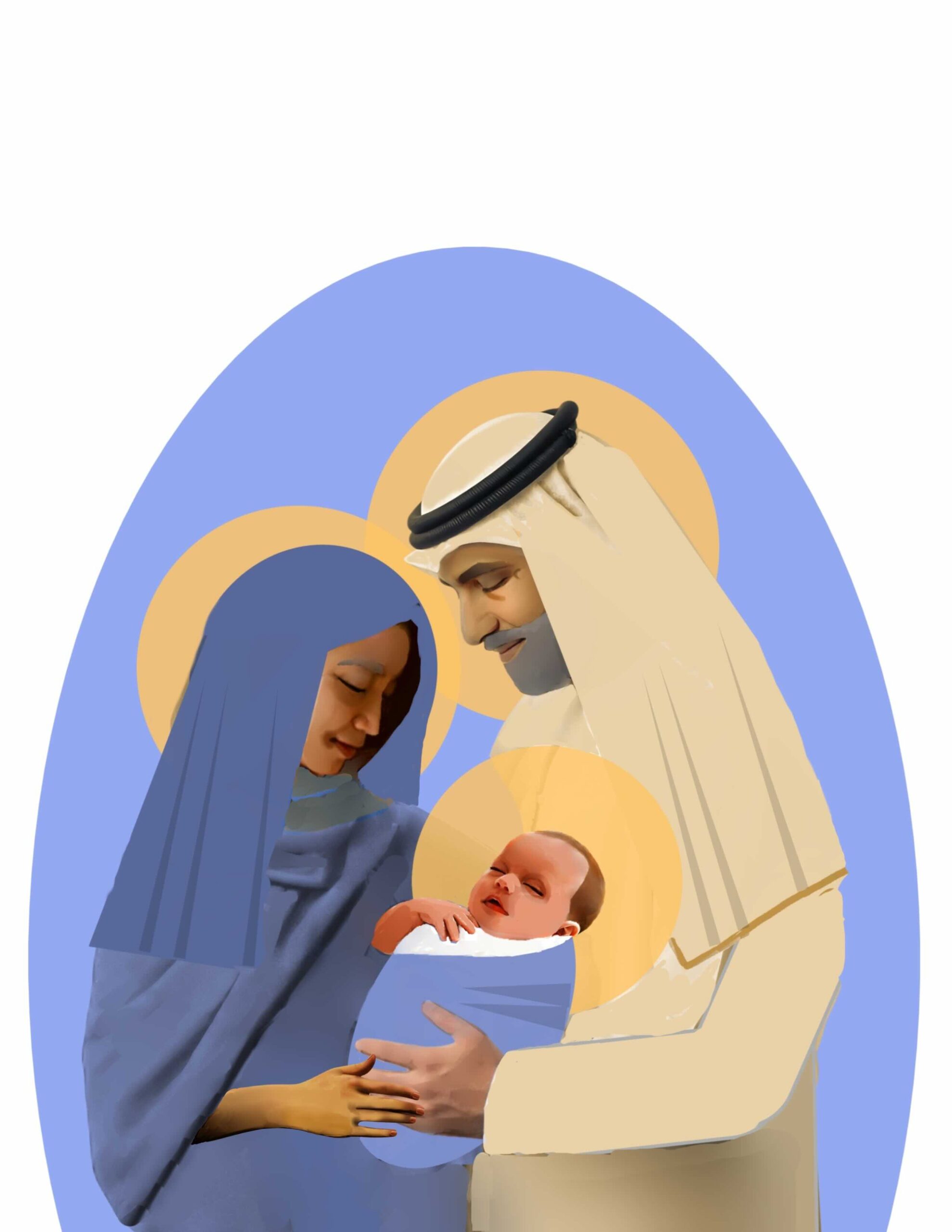 Joseph and Mary holding baby jesus.